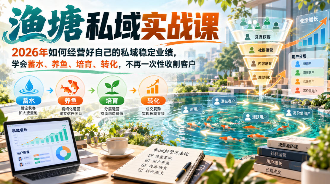 渔塘私域实战课，2026年如何经营好自己的私域稳定业绩，学会蓄水、养鱼、培育、转化，不再一次性收割客户-LanTi云网创