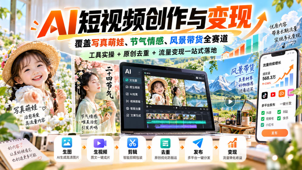 AI短视频创作与变现，覆盖写真萌娃、节气情感、风景带货全赛道，工具实操+原创去重+流量变现一站式落地-LanTi云网创