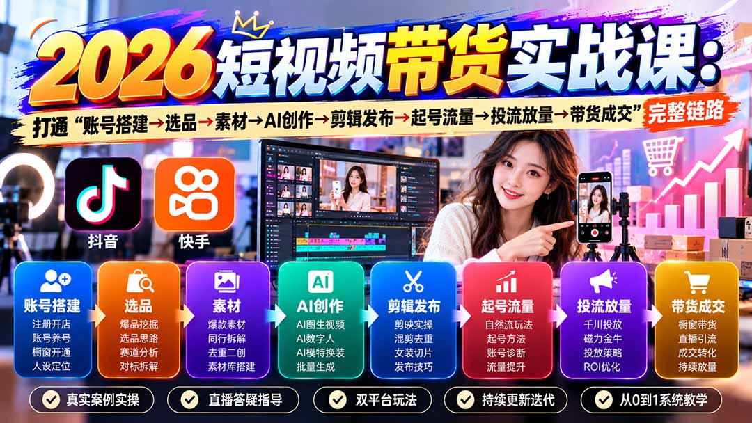 2026短视频带货实战课9月：打通“账号搭建→选品→素材→AI创作→剪辑发布→起号流量→投流放量→带货成交”完整链路-LanTi云网创