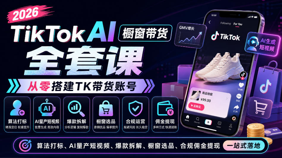 2026TikTok AI橱窗带货全套课，从零搭建TK带货账号，算法打标、AI量产短视频、爆款拆解、橱窗选品、合规佣金提现一站式落地-LanTi云网创