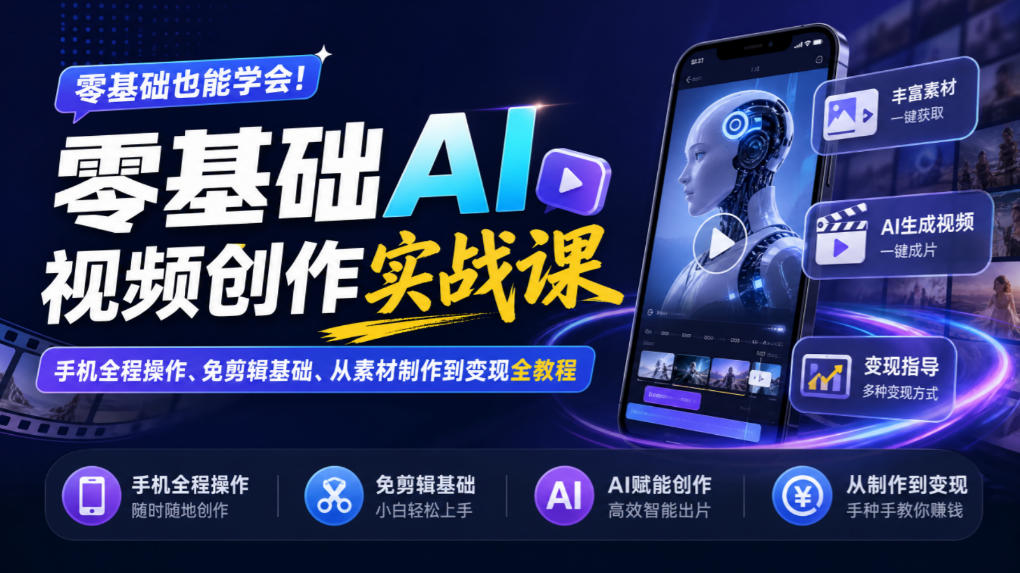 零基础AI视频创作实战课｜手机全程操作、免剪辑基础、从素材制作到变现全教程​-LanTi云网创