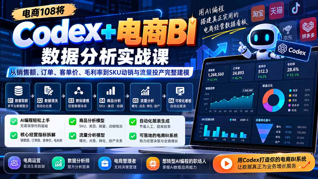 Codex+电商BI数据分析实战课-更新：从销售额、订单、客单价、毛利率到SKU动销与流量投产完整建模-LanTi云网创