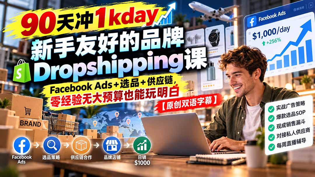 90天冲1kday 新手友好的品牌Dropshipping课：Facebook Ads+选品+供应链，零经验无大预算也能玩明白【原创双语字幕】-LanTi云网创