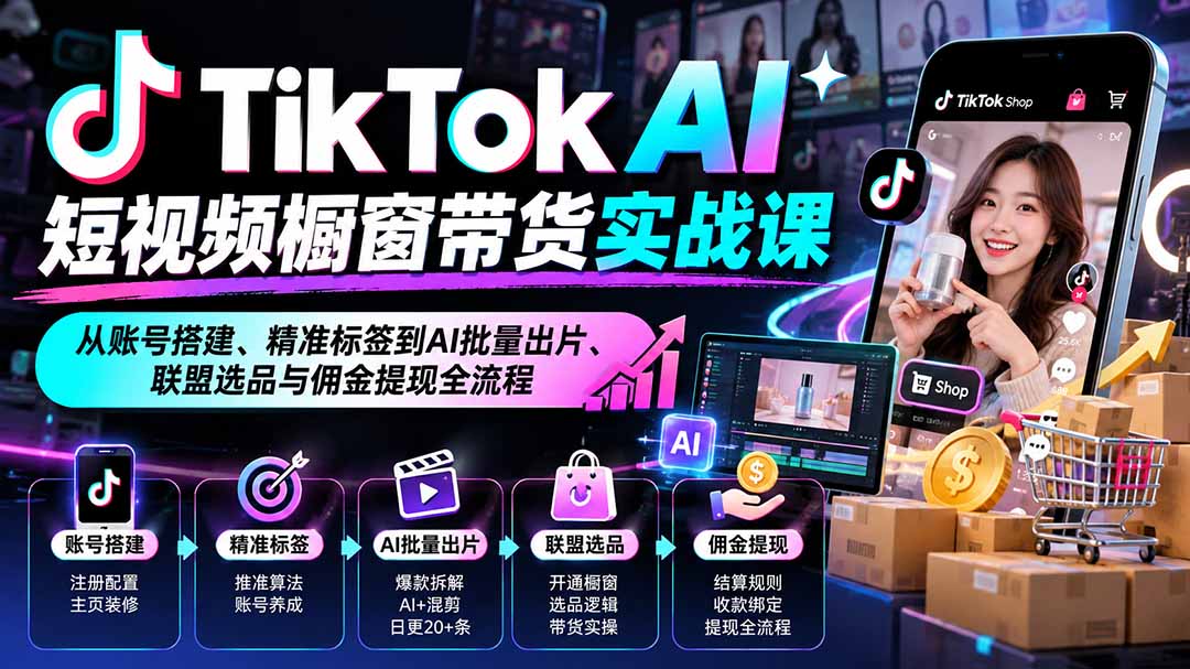 TikTok AI短视频橱窗带货实战课：从账号搭建、精准标签到AI批量出片、联盟选品与佣金提现全流程-LanTi云网创
