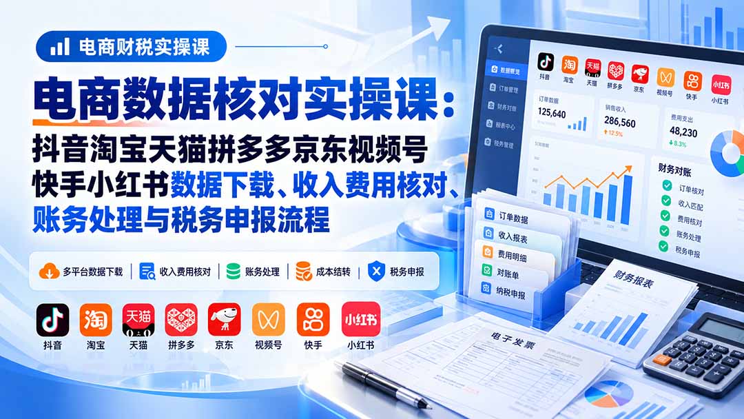 电商数据核账实操课：抖音淘宝天猫拼多多京东视频号快手小红书数据下载、收入费用核对、账务处理与税务申报流程-LanTi云网创