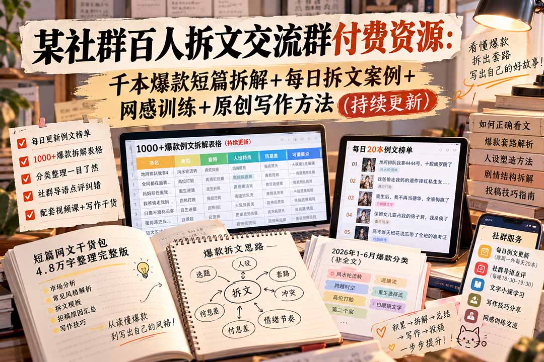 某社群百人拆文交流群付费资源-更新0929：千本爆款短篇拆解+每日拆文案例+网感训练+原创写作方法-LanTi云网创