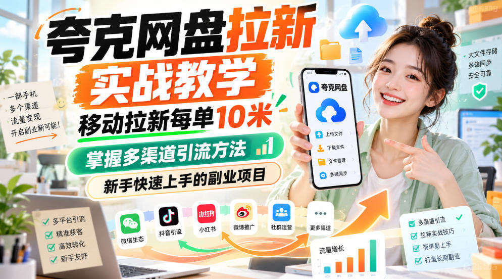 夸克网盘拉新实战教学，移动拉新每单10米，掌握多渠道引流方法，新手快速上手的副业项目(更新0929)-LanTi云网创
