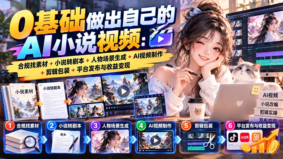 0基础做出自己的AI小说视频：合规找素材+小说转剧本+人物场景生成+AI视频制作+剪辑包装+平台发布与收益变现-LanTi云网创