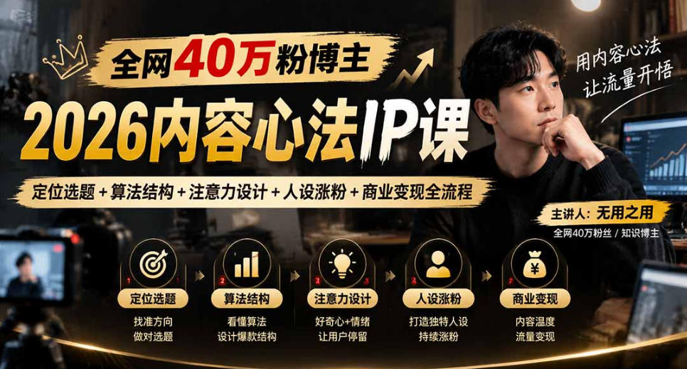 【无水印】全网40W粉博主的2026内容心法IP课，定位选题+算法结构+注意力设计+人设涨粉+商业变现全流程-LanTi云网创