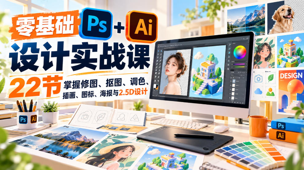 【无水印】零基础PS+AI设计实战课｜22节掌握修图、抠图、调色、插画、图标、海报与2.5D设计-LanTi云网创