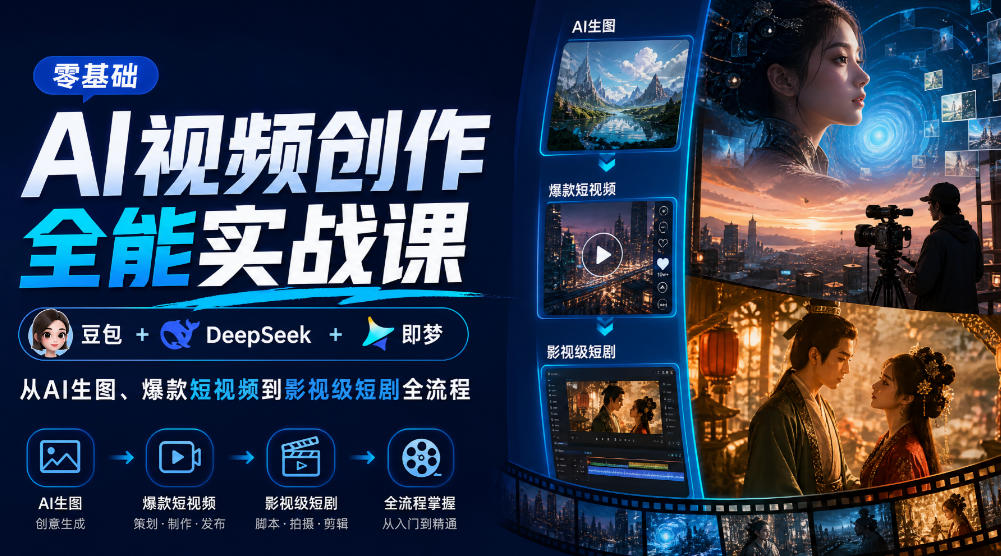 零基础AI视频创作全能实战课｜豆包+DeepSeek+即梦，从AI生图、爆款短视频到影视级短剧全流程-LanTi云网创