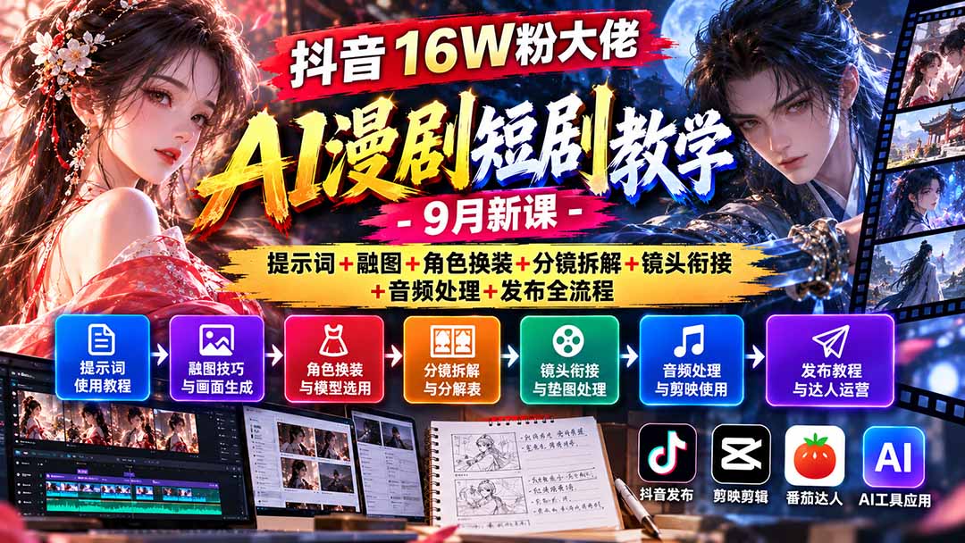 抖音16W粉大佬AI漫剧短剧教学-9月新课：提示词+融图+角色换装+分镜拆解+镜头衔接+音频处理+发布全流程-LanTi云网创