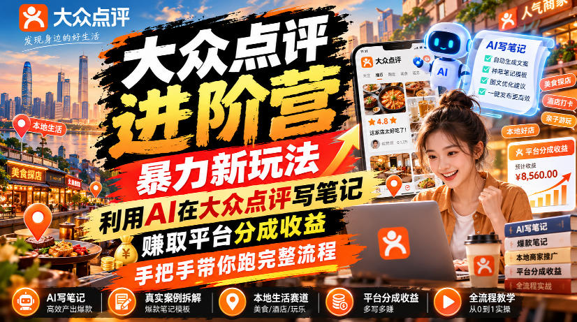 大众点评进阶营，暴力新玩法，利用AI在大众点评写笔记， 賺取平台分成收益，手把手带你跑完整流程-LanTi云网创
