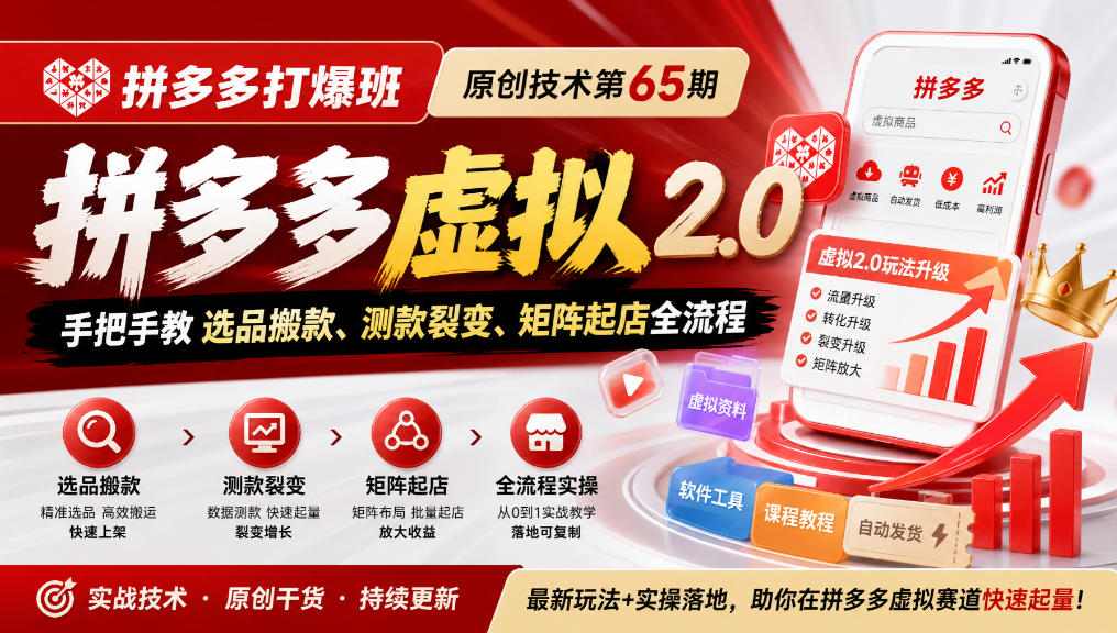 《拼多多打爆班》原创技术第65期，拼多多虚拟2.0，手把手教选品搬款、测款裂变、矩阵起店全流程-LanTi云网创