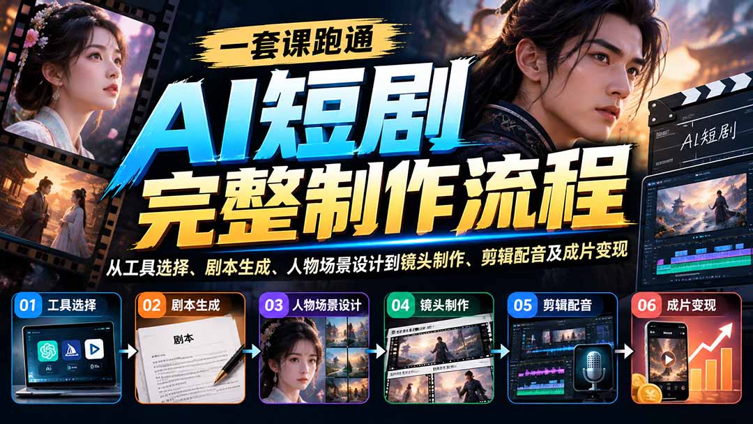一套课跑通AI短剧完整制作流程：从工具选择、剧本生成、人物场景设计到镜头制作、剪辑配音及成片变现-LanTi云网创