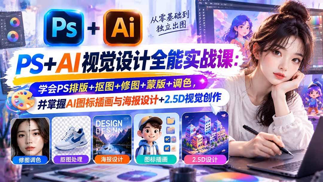【无水印】PS+AI视觉设计全能实战课：学会PS排版+抠图+修图+蒙版+调色，并掌握AI图标插画与海报设计+2.5D视觉创作-LanTi云网创