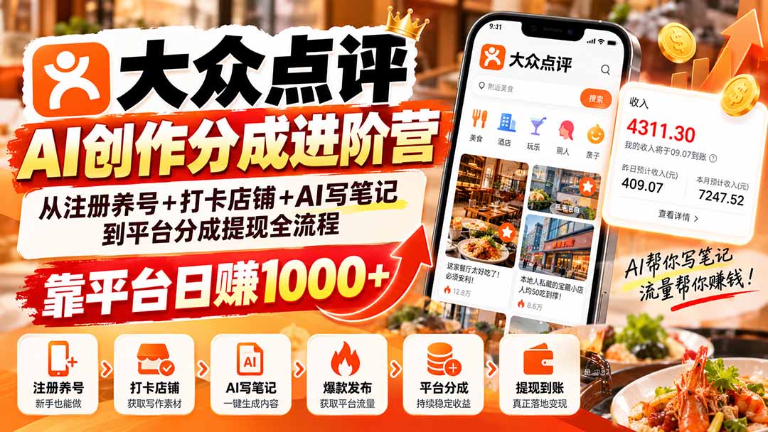 大众点评AI创作分成进阶营：从注册养号+打卡店铺+AI写笔记到平台分成提现全流程，靠平台日赚1000+-LanTi云网创