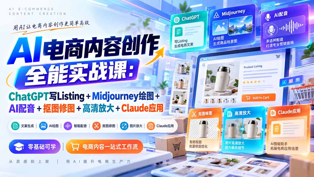 【无水印】AI电商内容创作全能实战课：ChatGPT写Listing+Midjourney绘图+AI配音+抠图修图+高清放大+Claude应用-LanTi云网创