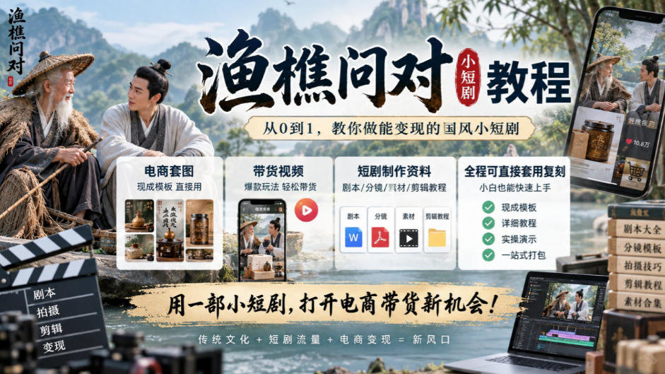渔樵问对小短剧教程，包含电商套图、带货视频，短剧制作资料，全程可直接套用复刻-LanTi云网创
