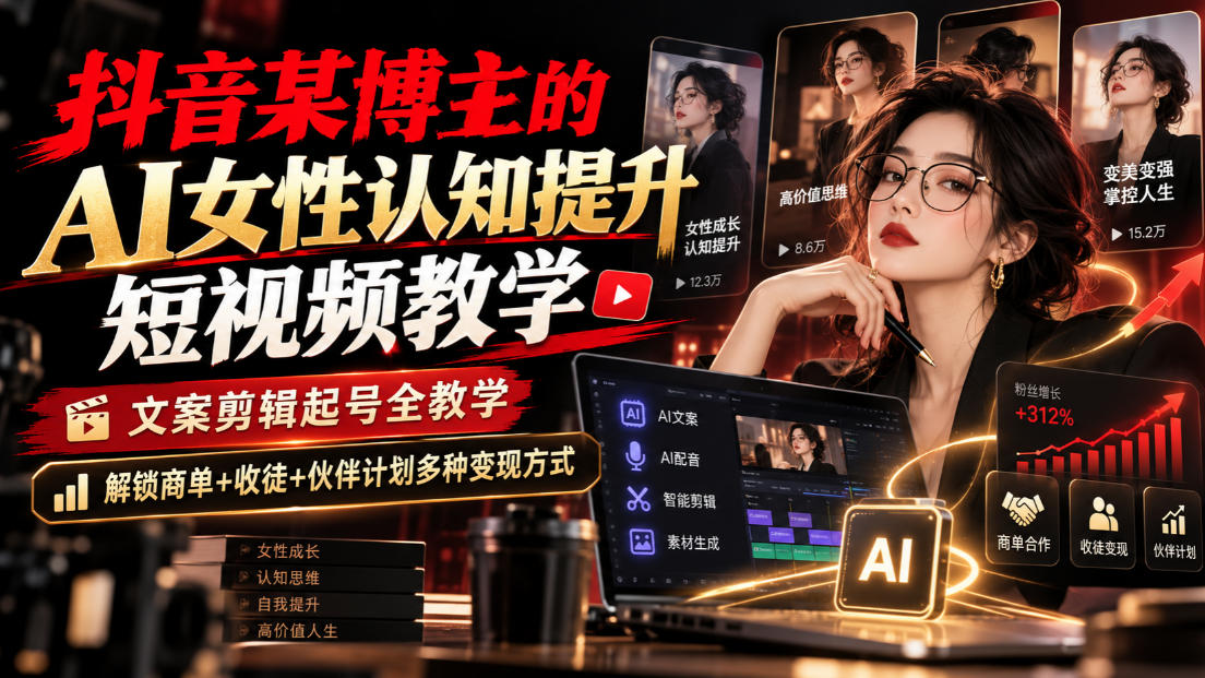 抖音某博主的Ai女性认知提升短视频教学，文案剪辑起号全教学，解锁商单+收徒+伙伴计划多种变现方式-LanTi云网创