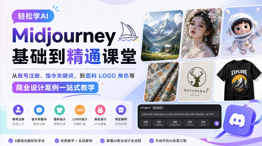 轻松学AI Midjourney基础到精通课堂，从账号注册、指令关键词，到面料LOGO角色等商业设计案例一站式教学-LanTi云网创