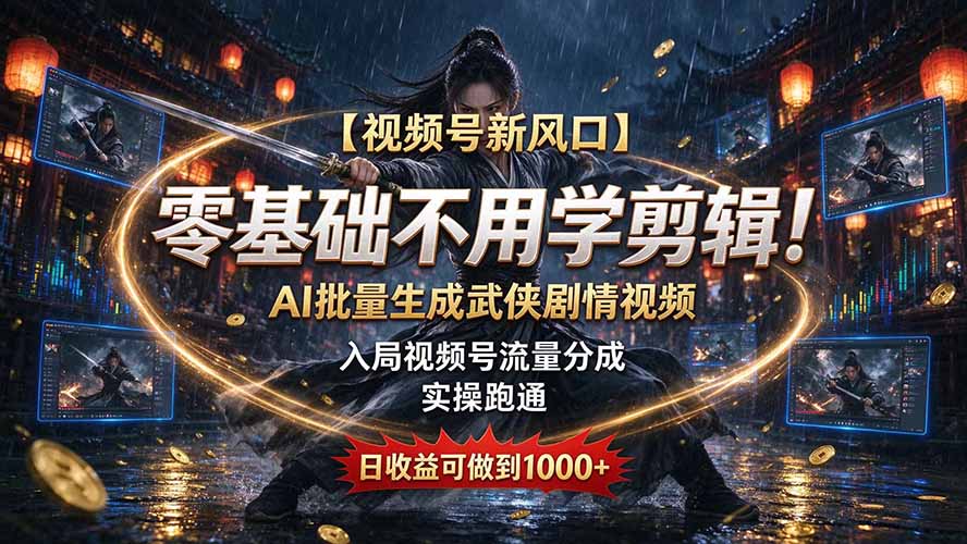 【视频号新风口】零基础不用学剪辑！AI 批量生成武侠剧情视频，入局视频号流量分成，实操跑通，日收益可做到 1000+-LanTi云网创