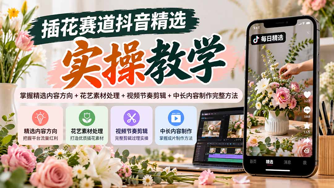 插花赛道抖音精选实操教学：掌握精选内容方向+花艺素材处理+视频节奏剪辑+中长内容制作完整方法-LanTi云网创
