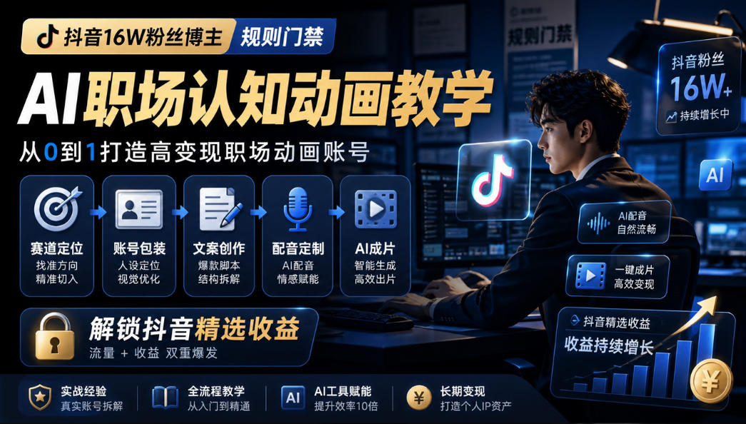 抖音16W粉丝博主规则门禁的AI职场认知动画教学，从赛道定位、账号包装，到文案创作、配音定制、AI成片，解锁抖音精选收益-LanTi云网创