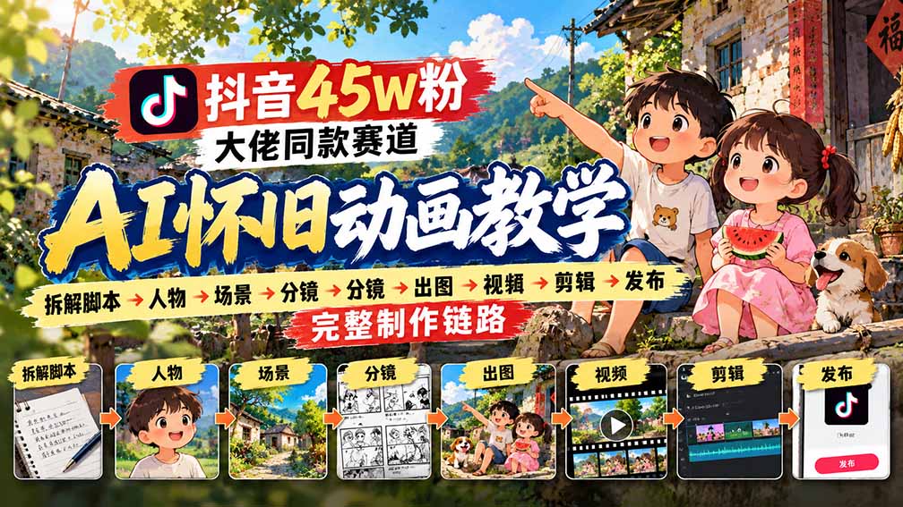抖音45W粉大佬同款赛道AI怀旧动画教学：拆解脚本→人物→场景→分镜→出图→视频→剪辑→发布完整制作链路-LanTi云网创