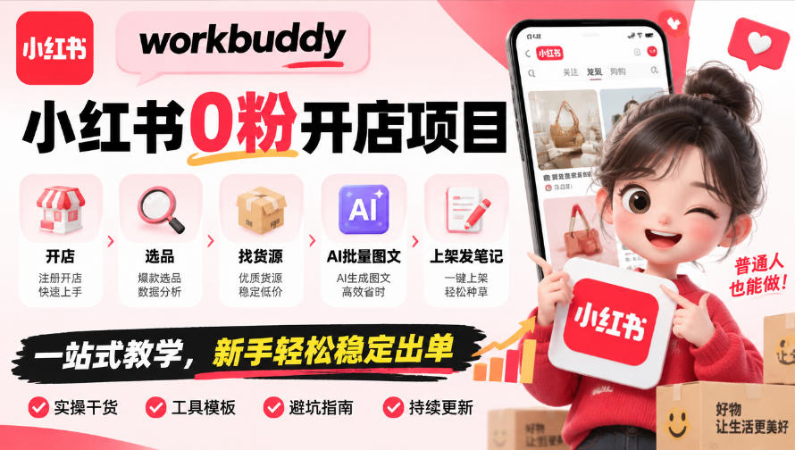 workbuddy小红书0粉开店项目，开店、选品、找货源、AI批量图文、上架发笔记一站式教学，新手轻松稳定出单-LanTi云网创