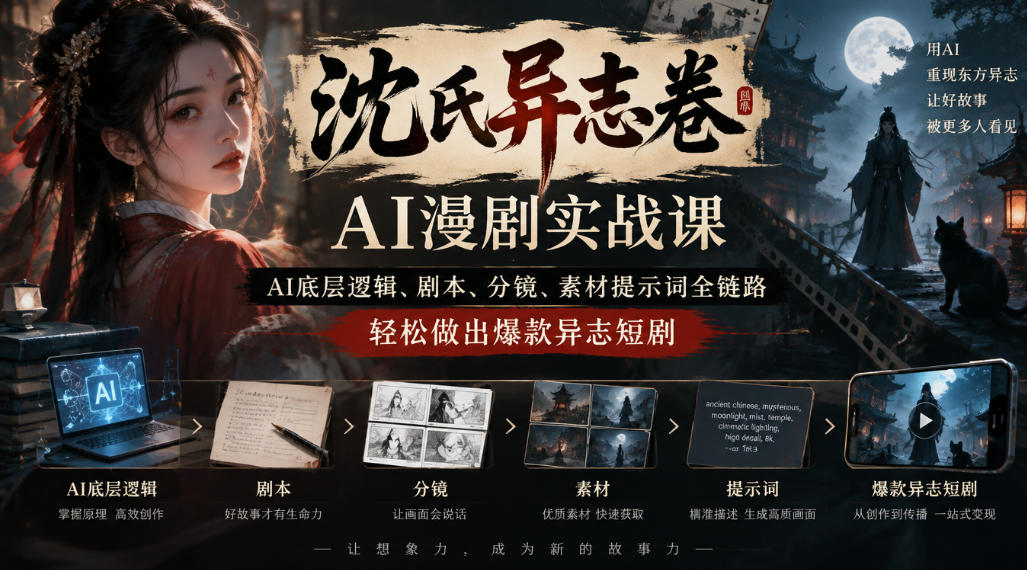沈氏异志卷AI漫剧实战课｜AI底层逻辑、剧本、分镜、素材提示词全链路，轻松做出爆款异志短剧-LanTi云网创