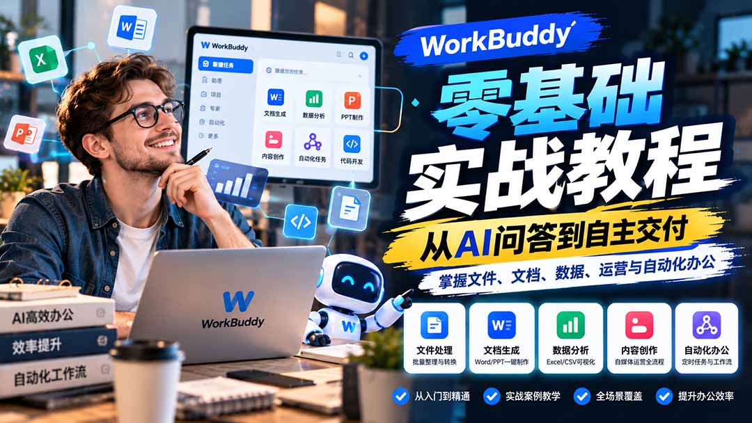 WorkBuddy零基础实战教程：从AI问答到自主交付，掌握文件、文档、数据、运营与自动化办公-LanTi云网创