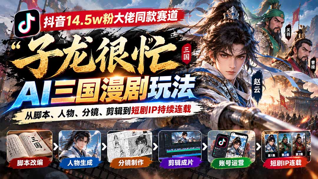 抖音14.5w粉大佬同款赛道「子龙很忙」AI三国漫剧玩法：从脚本、人物、分镜、剪辑到短剧IP持续连载-LanTi云网创