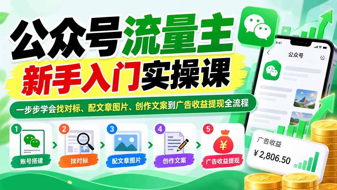 公众号流量主新手入门实操课：一步步学会找对标、配文章图片、创作文案到广告收益提现全流程-LanTi云网创