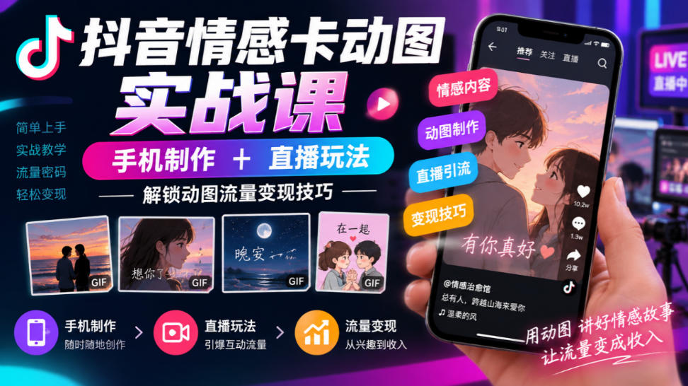 抖音情感卡动图实战课｜手机制作+直播玩法，解锁动图流量变现技巧-LanTi云网创