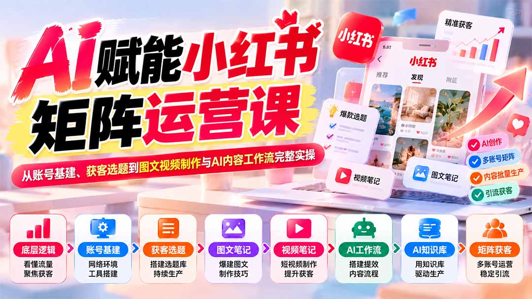 AI赋能小红书矩阵运营课：从账号基建、获客选题到图文视频制作与AI内容工作流完整实操-LanTi云网创
