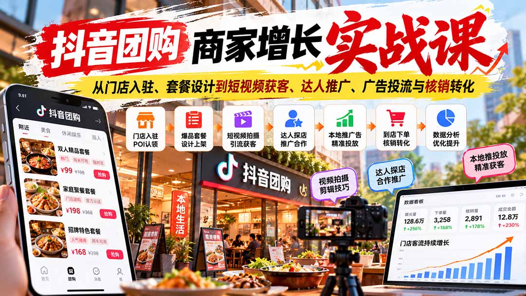 抖音团购商家增长实战课：从门店入驻、套餐设计到短视频获客、达人推广、广告投流与核销转化-LanTi云网创