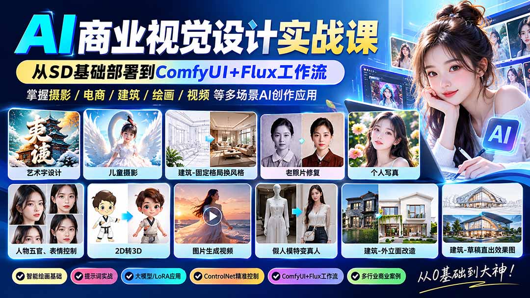 【无水印】AI商业视觉设计实战课：从SD基础部署到ComfyUI+Flux工作流，掌握摄影电商建筑AI创作-LanTi云网创