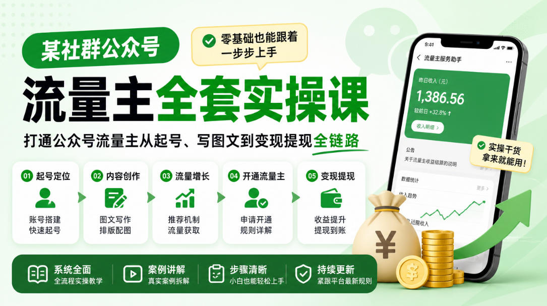 某社群公众号流量主全套实操课，零基础也能跟着一步步上手，打通公众号流量主从起号、写图文到变现提现全链路-LanTi云网创