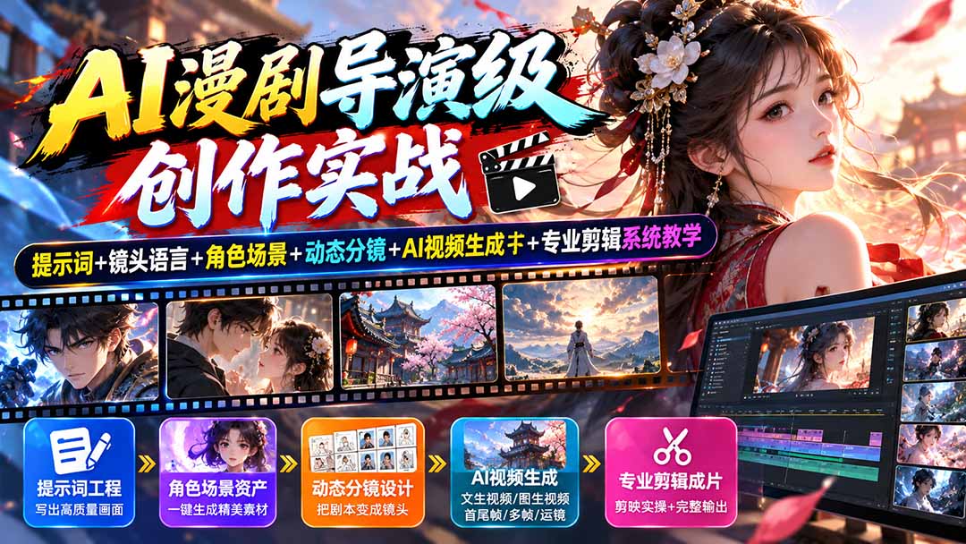 AI漫剧导演级创作实战：提示词+镜头语言+角色场景+动态分镜+AI视频生成+专业剪辑系统教学-LanTi云网创