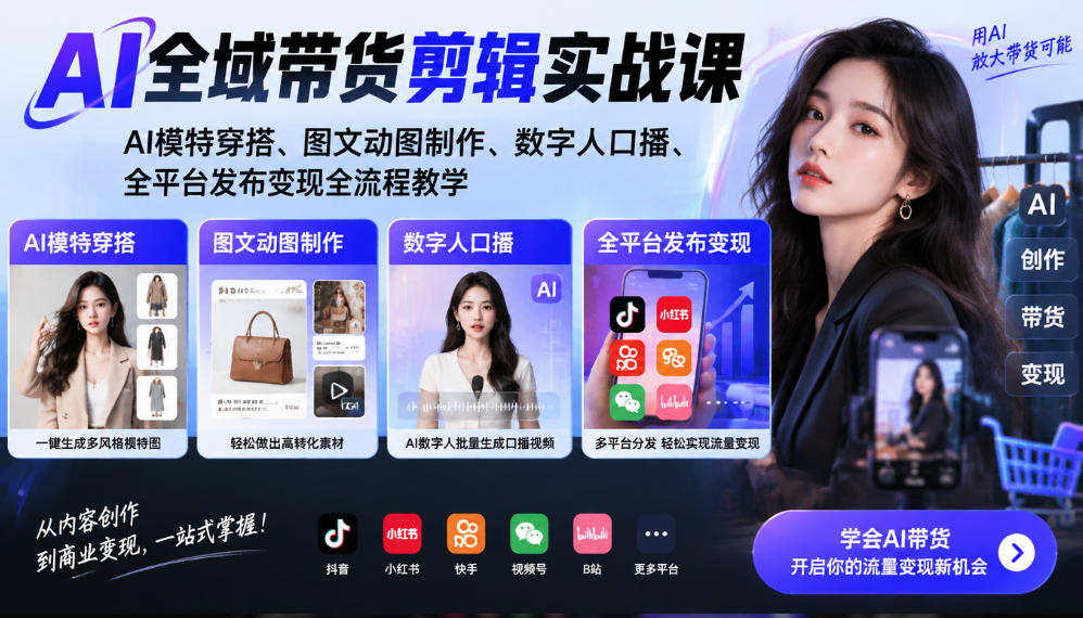 AI全域带货剪辑实战课｜AI模特穿搭、图文动图制作、数字人口播、全平台发布变现全流程教学-LanTi云网创