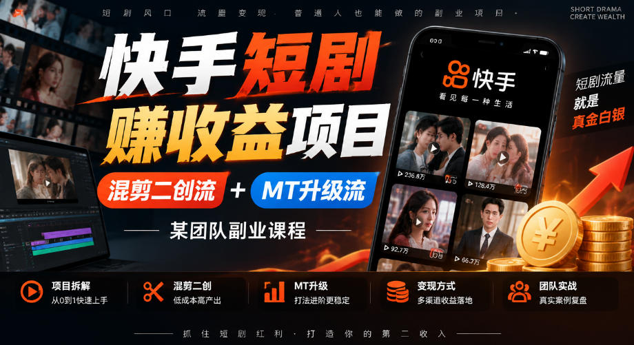 快手短剧賺收益项目，混剪二创流+MT升级流，某团队副业课程-LanTi云网创