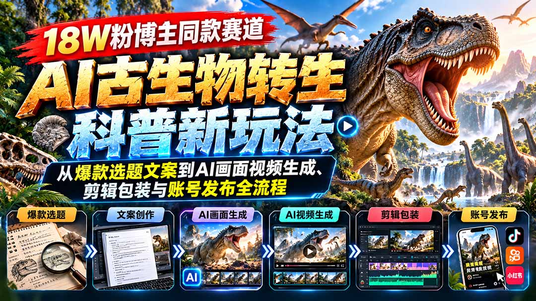 18W粉博主同款赛道-AI古生物转生科普新玩法：从爆款选题文案到AI画面视频生成、剪辑包装与账号发布全流程-LanTi云网创