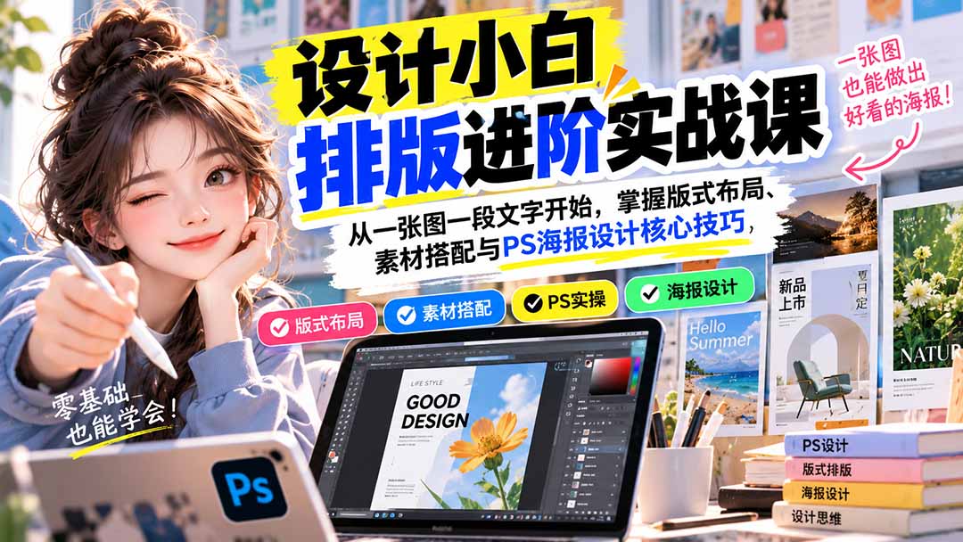 设计小白排版进阶实战课：从一张图一段文字开始，掌握版式布局、素材搭配与PS海报设计核心技巧-LanTi云网创