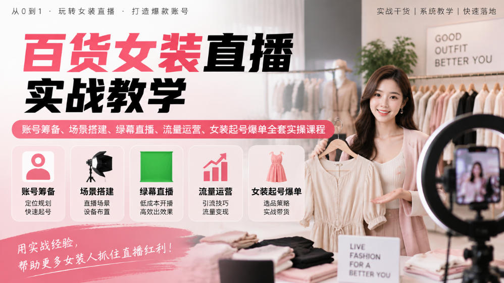 百货女装直播实战教学｜账号筹备、场景搭建、绿幕直播、流量运营、女装起号爆单全套实操课程-LanTi云网创