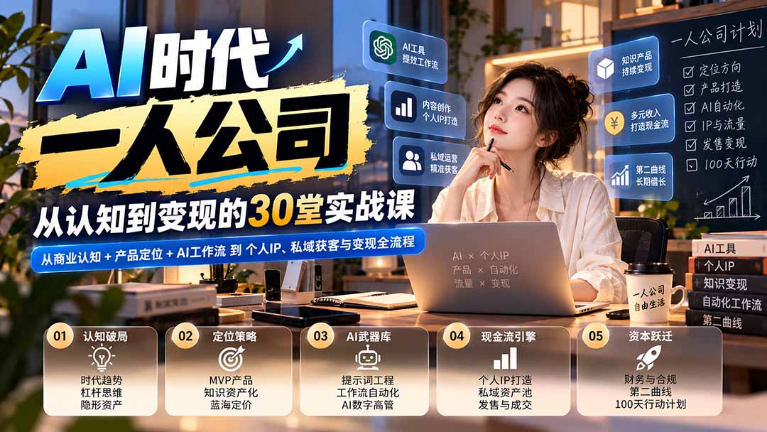 【无水印】AI时代一人公司30堂实战课：从商业认知+产品定位+AI工作流到个人IP、私域获客与变现全流程-LanTi云网创