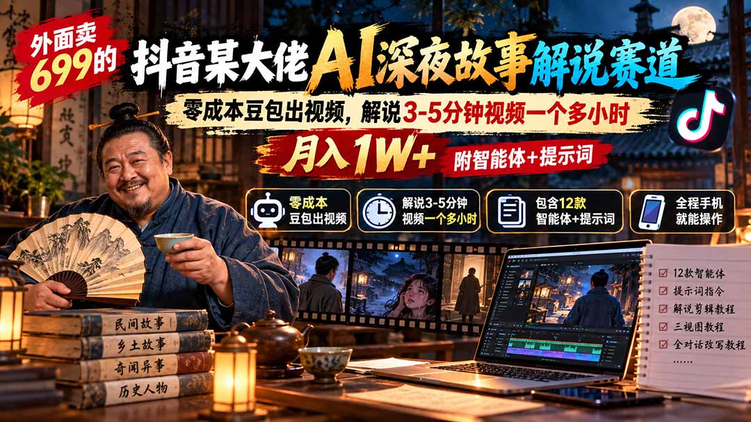 外面卖699抖音某大佬AI深夜故事解说赛道-更新：0成本豆包出视频+解说3-5分钟视频一个多小时，月入1W+附智能体+提示词-LanTi云网创