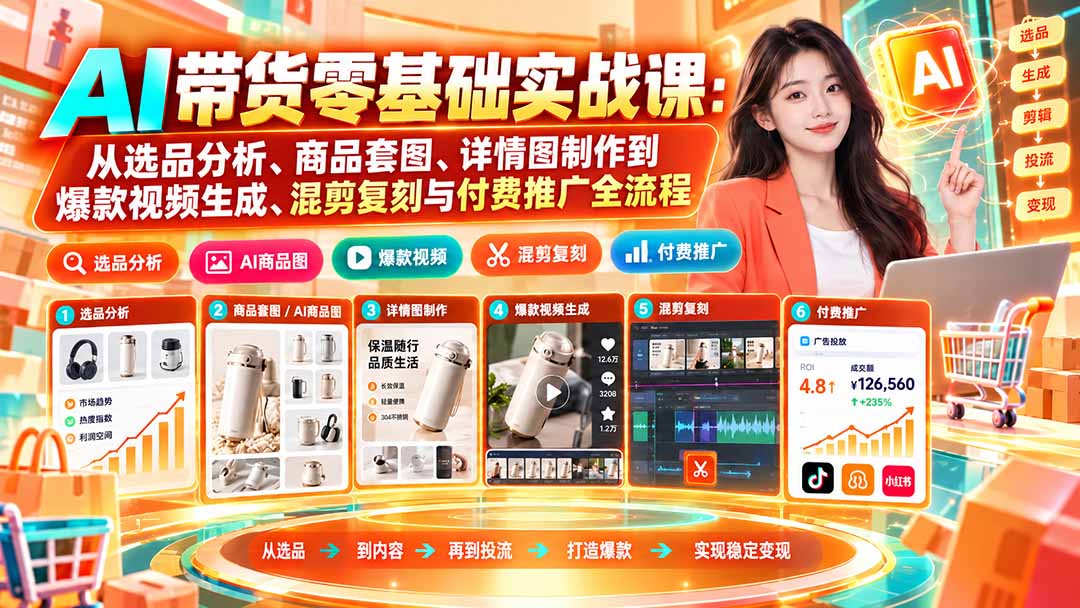 AI带货零基础实战课：从选品分析、商品套图、详情图制作到爆款视频生成、混剪复刻与付费推广全流程-LanTi云网创