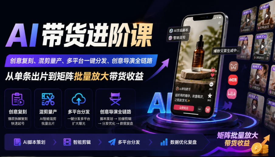 AI带货进阶课｜创意复刻、混剪量产、多平台一键分发、创意导演全链路，从单条出片到矩阵批量放大带货收益-LanTi云网创