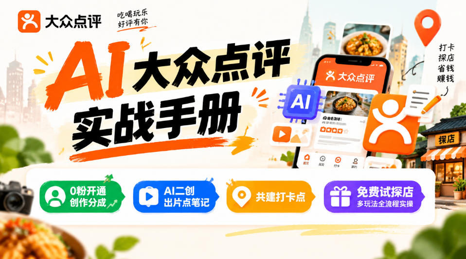 某局的AI大众点评实战手册，0粉开通创作分成、AI二创出片点笔记、共建打卡点、免费试探店多玩法全流程实操-LanTi云网创